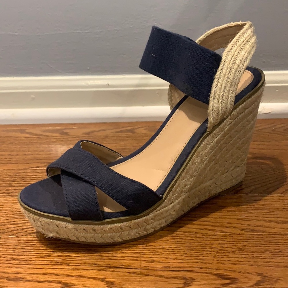 Navy and beige wedges